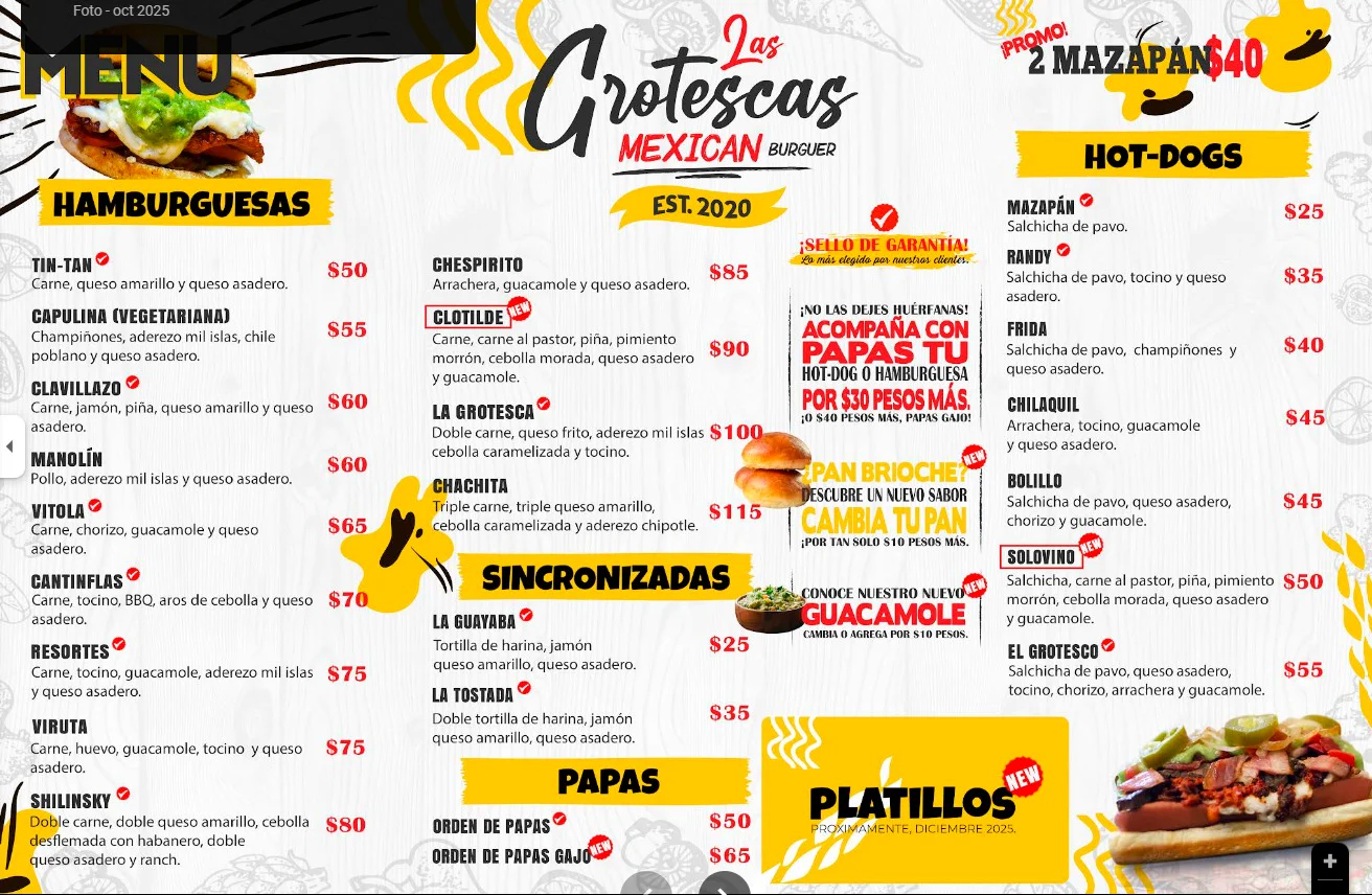 Menú completo de Las Grotescas Mexican Burguer — hamburguesas, hot-dogs, sincronizadas y papas